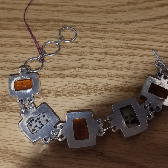 New Sterling silver Dalmation jasper and repressed  amber bracelet - Picture 3 of 7